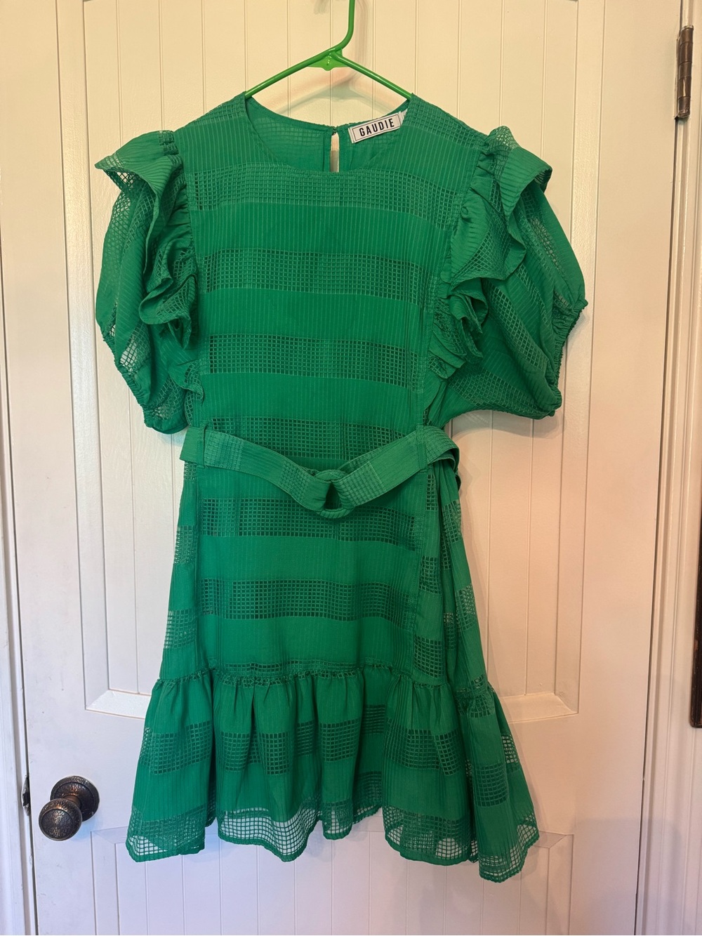 Gaudi' Emerald Green Ruffle Sleeve Belted Mini Dress